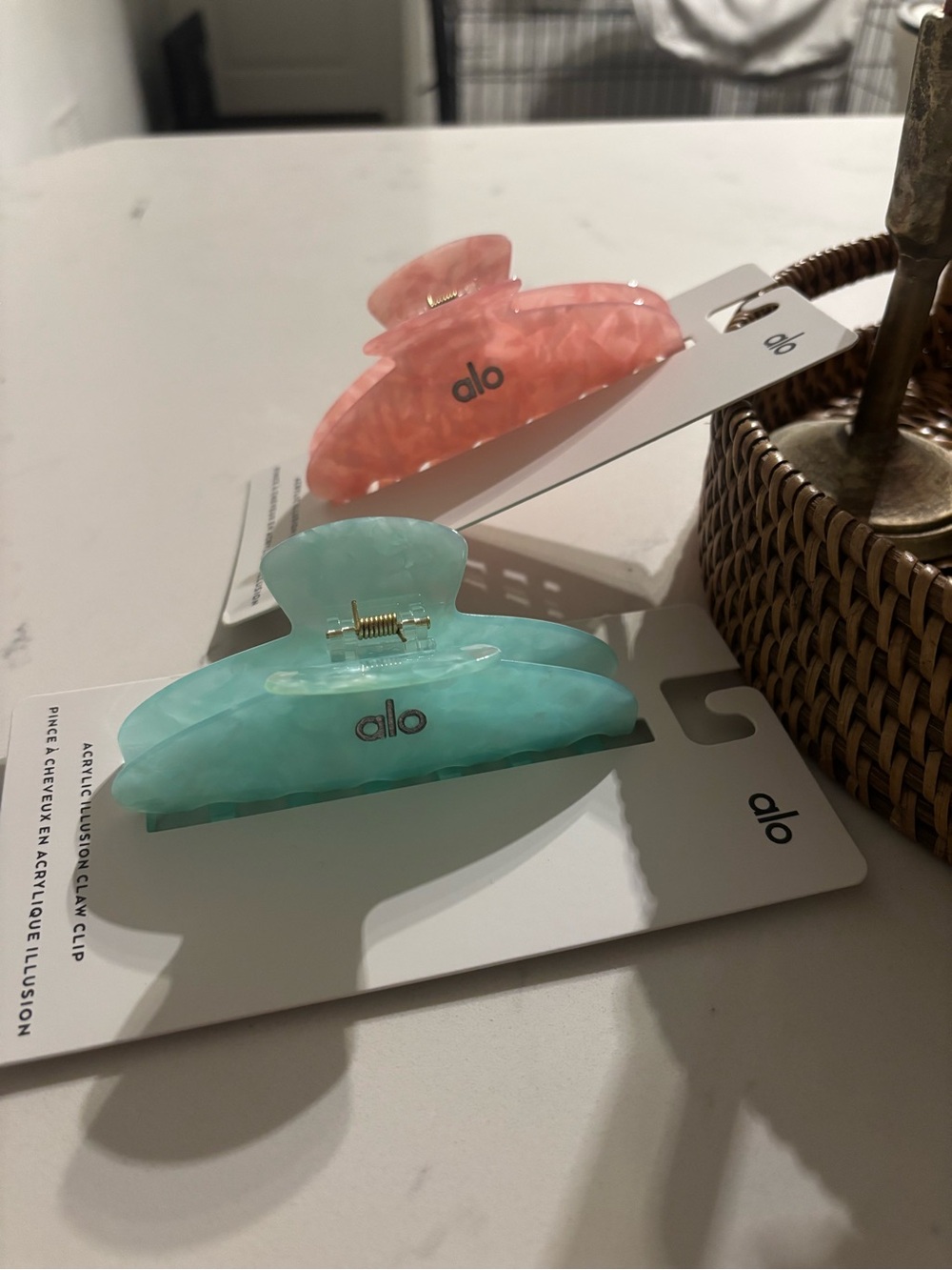 ALO Yoga Marble Hair Claw Clips in teal and pink